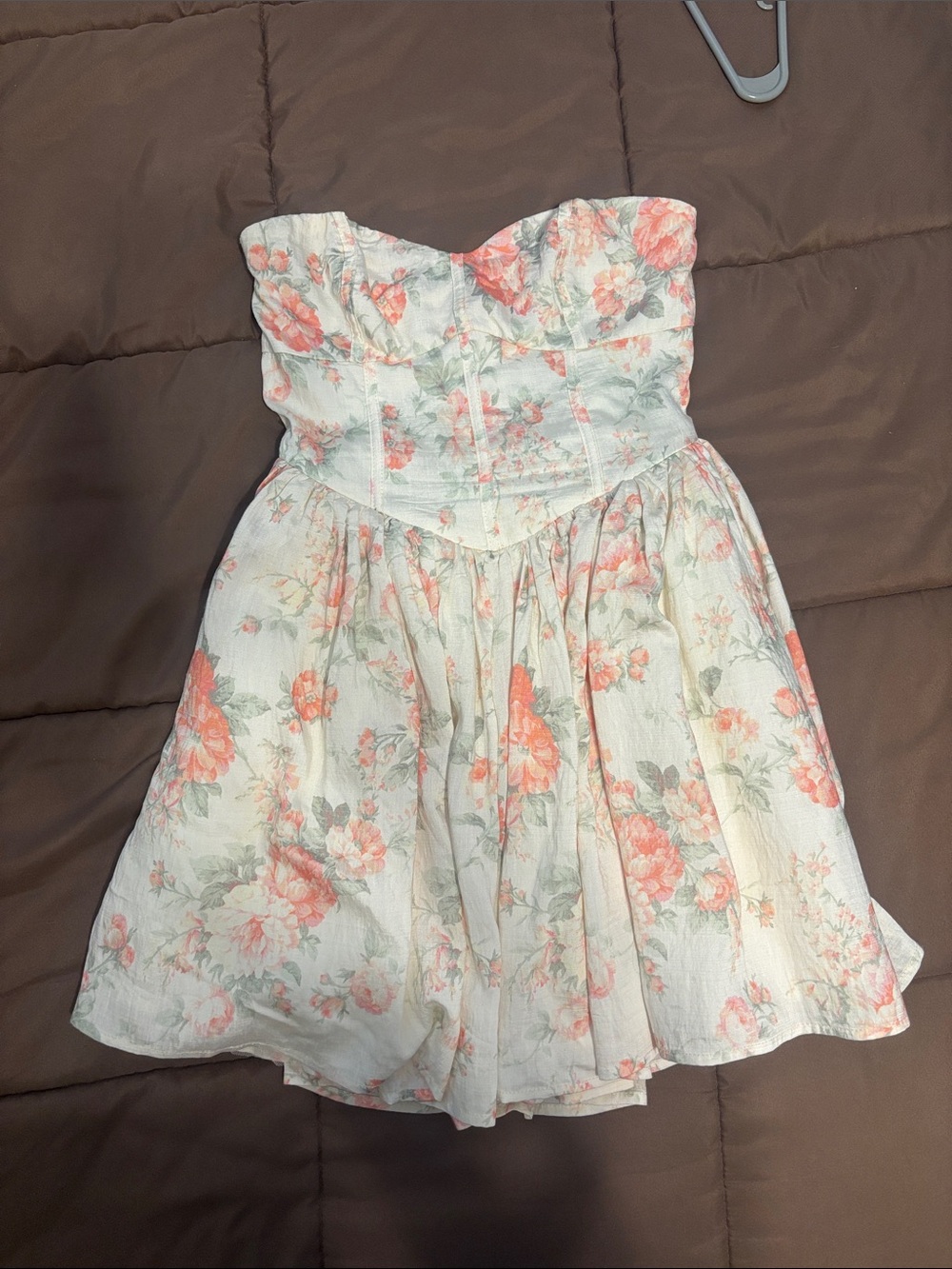 Altar'd State Strapless Floral Dress in White and Coral